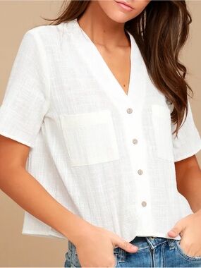 Lulus - Lift My Spirits White Button Up Short Sleeve Crop Top Size Medium